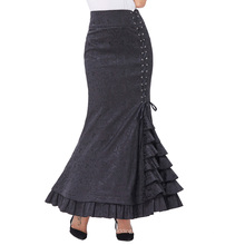 Belle Poque Mulheres Vintage estilo retro vitoriano Ruffled Jacquard Fishtail Sereia Preto Saia Maxi Longa BP000204-1